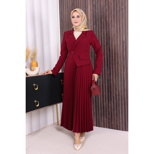 Ceket Görünümlü Eteği Piliseli Elbise 3700 Bordo