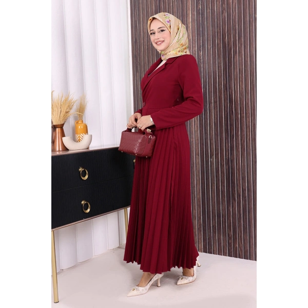 Ceket Görünümlü Eteği Piliseli Elbise 3700 Bordo