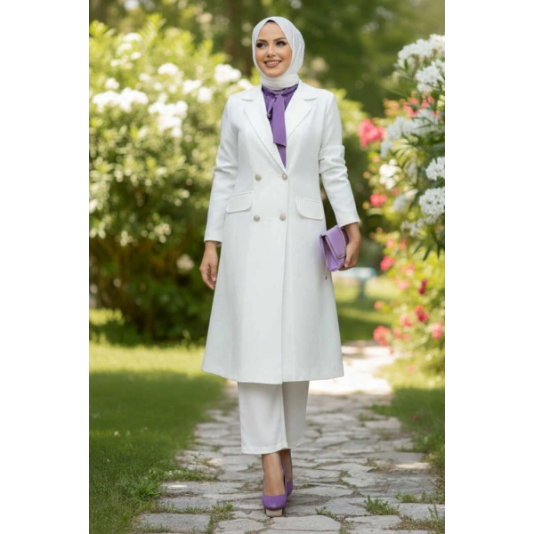 Cep ve Düğme Görünümlü Uzun Ceket Pantolon Takım 8357 Ekru