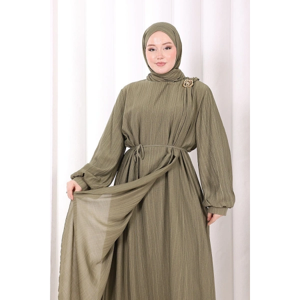 Çiçek Broş  Detaylı Elbise 6094 Haki