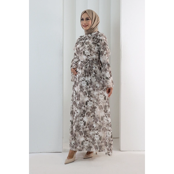 Çiçek Desen Elbise 7002 Kahverengi