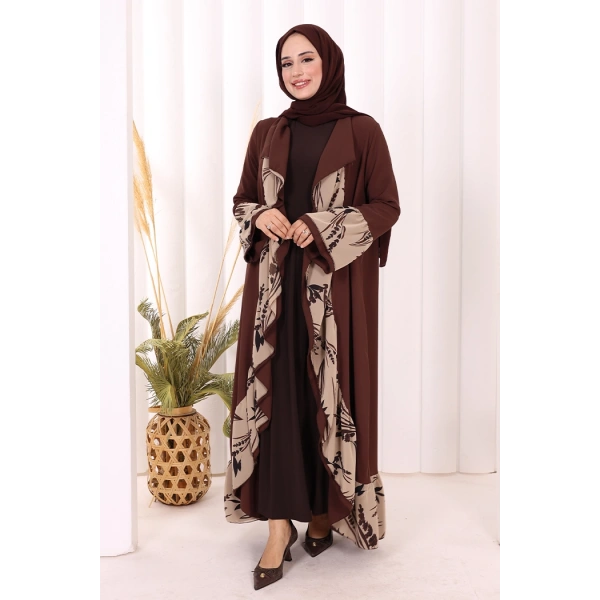 Çiçek Desenli Fırfırlı Abaya 7908 Kahverengi
