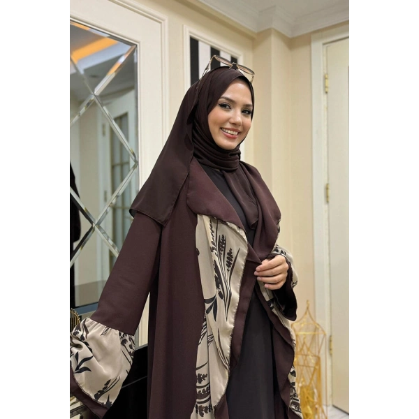 Çiçek Desenli Fırfırlı Abaya 7908 Kahverengi