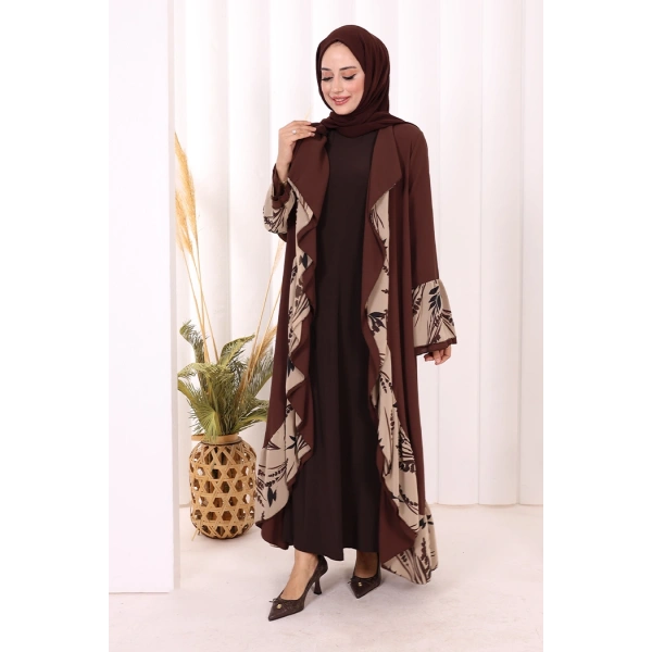 Çiçek Desenli Fırfırlı Abaya 7908 Kahverengi