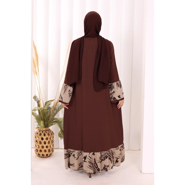 Çiçek Desenli Fırfırlı Abaya 7908 Kahverengi