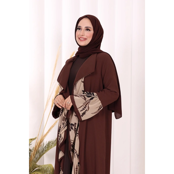 Çiçek Desenli Fırfırlı Abaya 7908 Kahverengi
