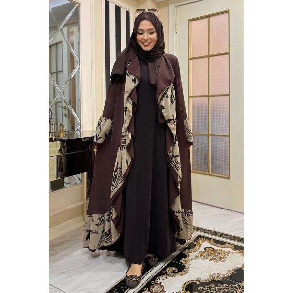 Çiçek Desenli Fırfırlı Abaya 7908 Kahverengi