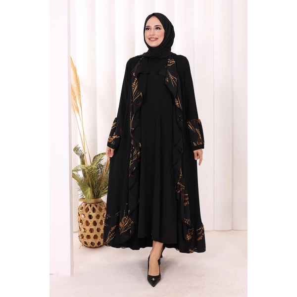 Çiçek Desenli Fırfırlı Abaya 7908 Siyah
