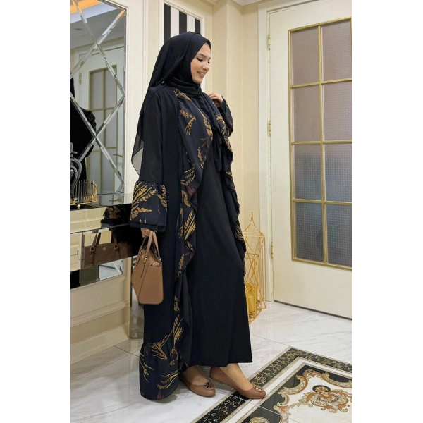 Çiçek Desenli Fırfırlı Abaya 7908 Siyah