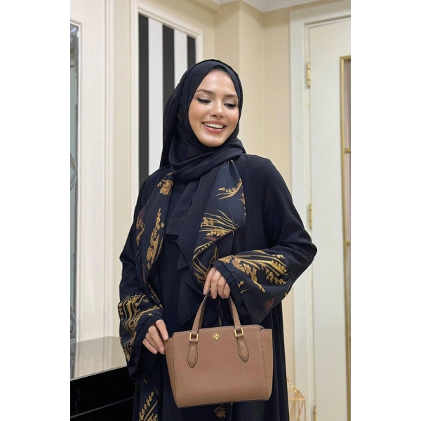 Çiçek Desenli Fırfırlı Abaya 7908 Siyah