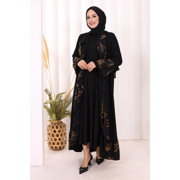 Çiçek Desenli Fırfırlı Abaya 7908 Siyah