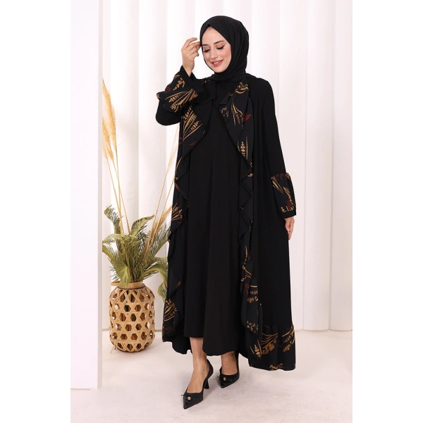 Çiçek Desenli Fırfırlı Abaya 7908 Siyah