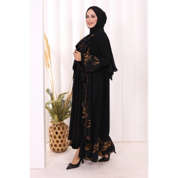 Çiçek Desenli Fırfırlı Abaya 7908 Siyah
