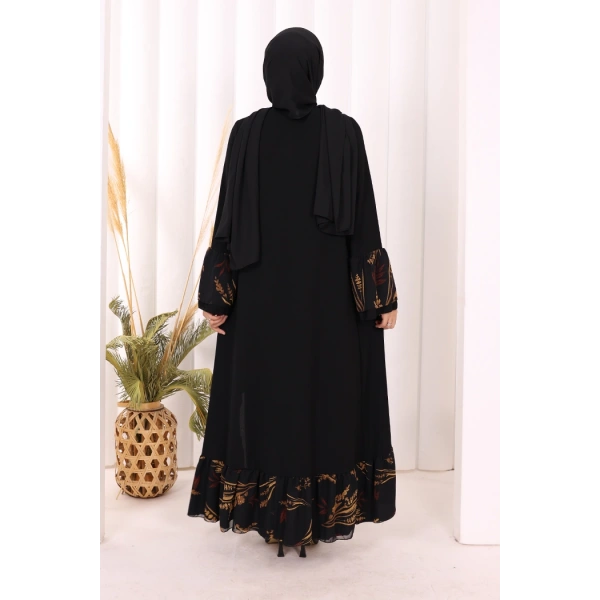 Çiçek Desenli Fırfırlı Abaya 7908 Siyah