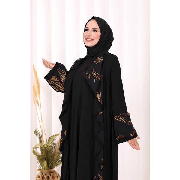 Çiçek Desenli Fırfırlı Abaya 7908 Siyah
