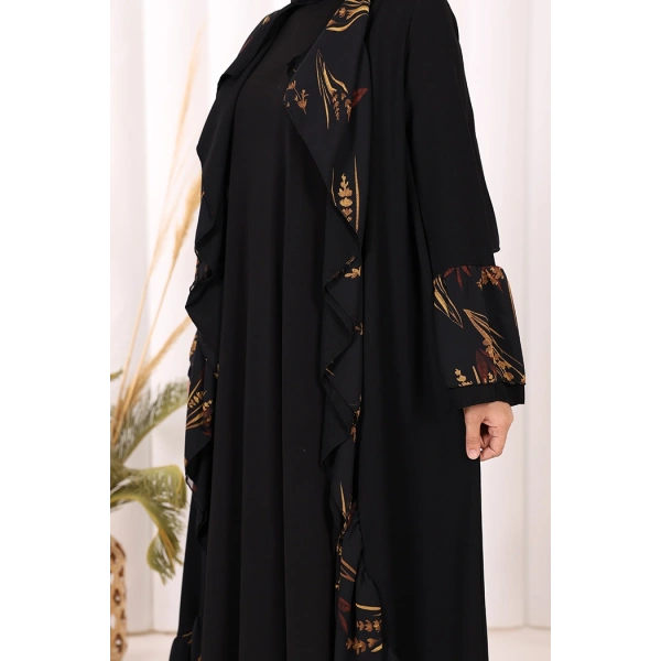 Çiçek Desenli Fırfırlı Abaya 7908 Siyah