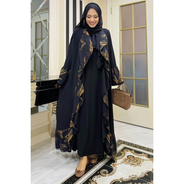 Çiçek Desenli Fırfırlı Abaya 7908 Siyah