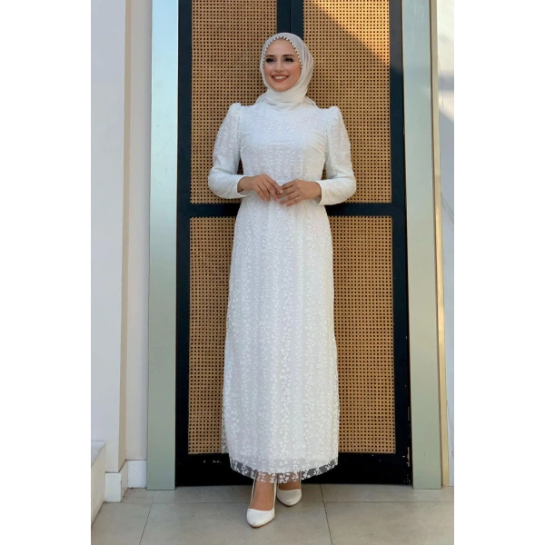 Çiçek Desenli Simli Tül Abiye Elbise 1108 Ekru