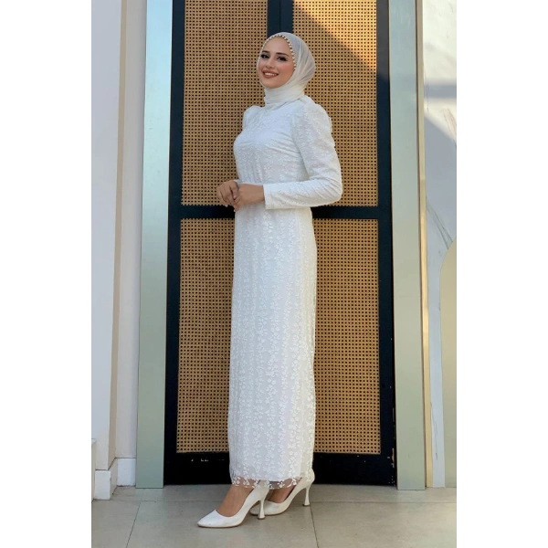 Çiçek Desenli Simli Tül Abiye Elbise 1108 Ekru