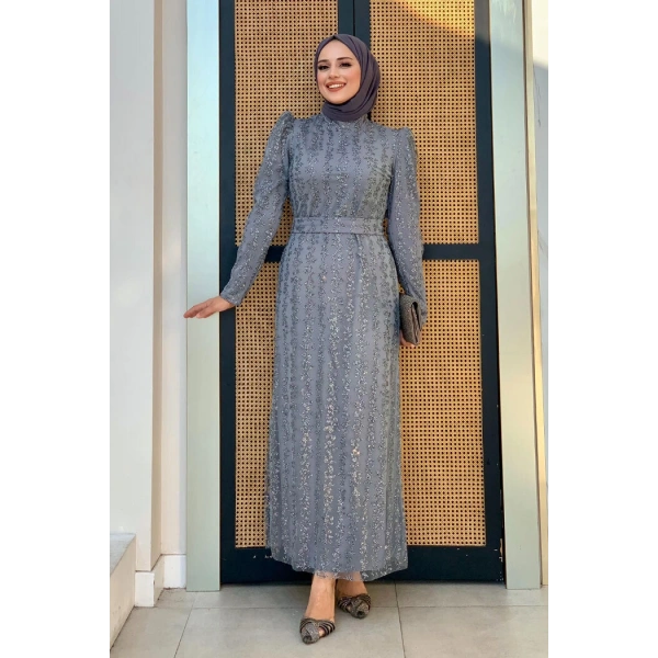 Çiçek Desenli Simli Tül Abiye Elbise 1108 Gri