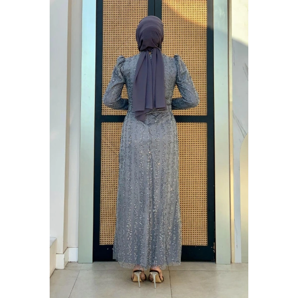 Çiçek Desenli Simli Tül Abiye Elbise 1108 Gri