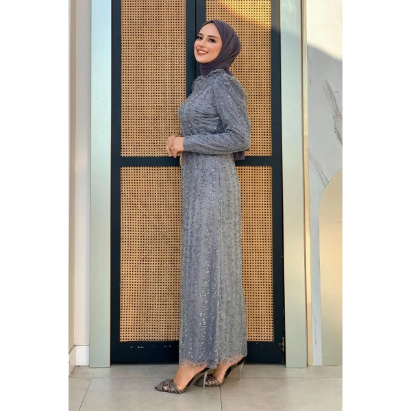 Çiçek Desenli Simli Tül Abiye Elbise 1108 Gri