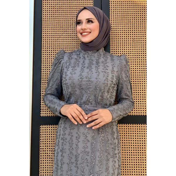 Çiçek Desenli Simli Tül Abiye Elbise 1108 Gri