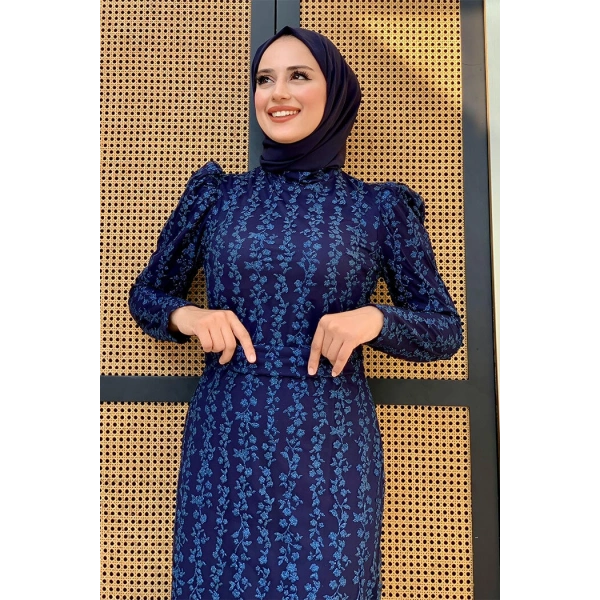 Çiçek Desenli Simli Tül Abiye Elbise 1108 Lacivert