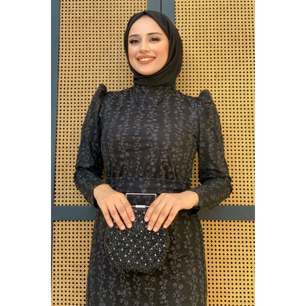 Çiçek Desenli Simli Tül Abiye Elbise 1108 Siyah