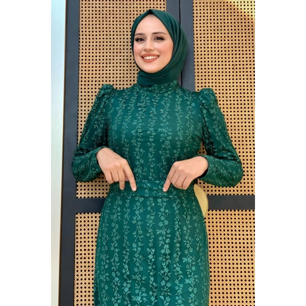 Çiçek Desenli Simli Tül Abiye Elbise 1108 Zümrüt