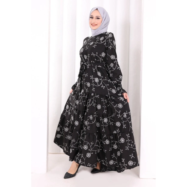 Çiçekli Nakışlı Elbise 6091 Ekru