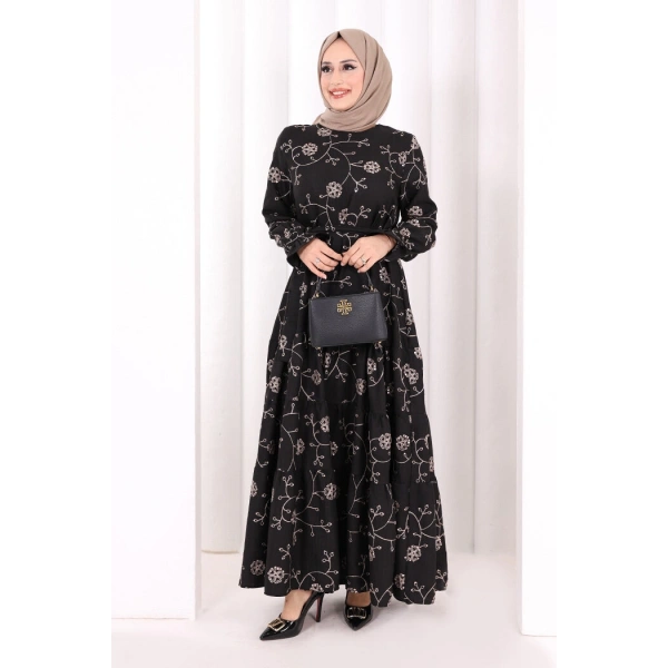 Çiçekli Nakışlı Elbise 6091 Vizon