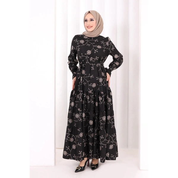 Çiçekli Nakışlı Elbise 6091 Vizon
