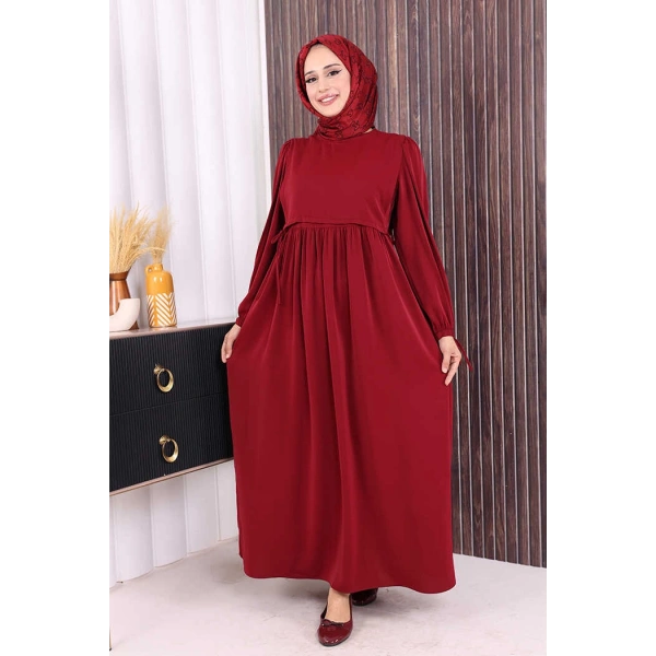 Çift Katlı Bağlama Detay Elbise 6003 Bordo