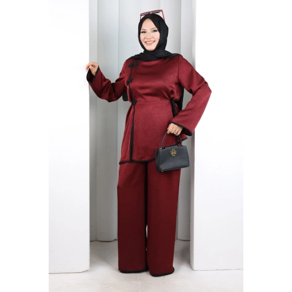 Çin Düğme Detaylı Pantolon Tunik İkili Takım 8714 Bordo