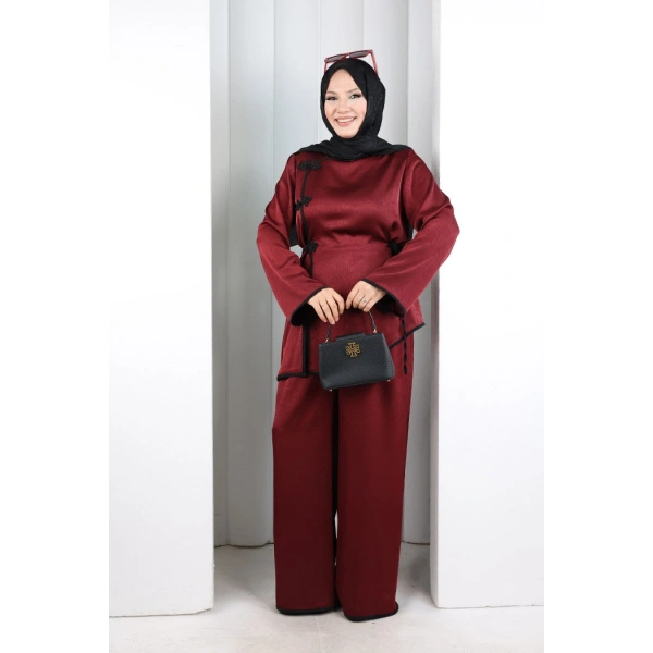 Çin Düğme Detaylı Pantolon Tunik İkili Takım 8714 Bordo