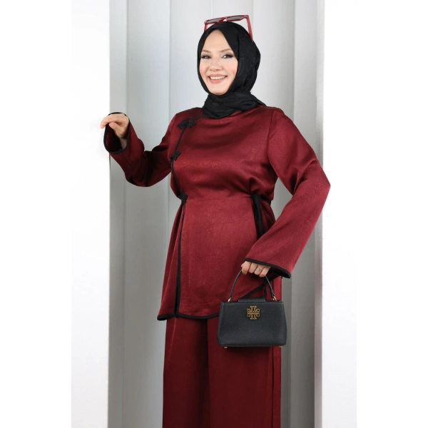 Çin Düğme Detaylı Pantolon Tunik İkili Takım 8714 Bordo