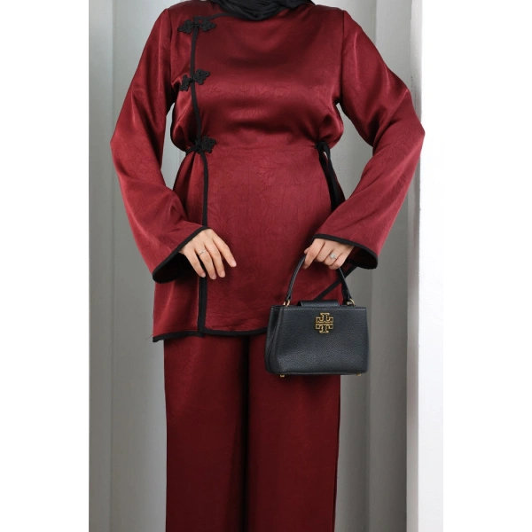Çin Düğme Detaylı Pantolon Tunik İkili Takım 8714 Bordo