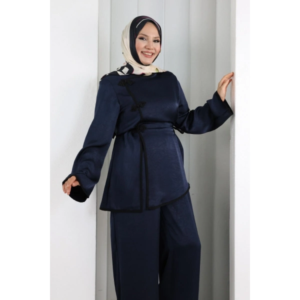 Çin Düğme Detaylı Pantolon Tunik İkili Takım 8714 Lacivert