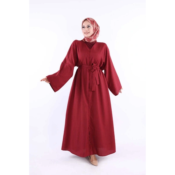 Çıt Çıt Düğmeli Bel Kuşaklı Abaya 70017 Bordo