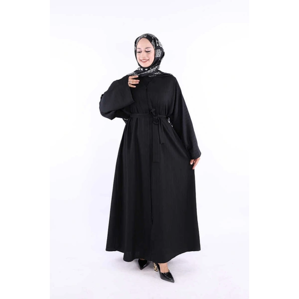 Çıt Çıt Düğmeli Bel Kuşaklı Abaya 70017 Siyah