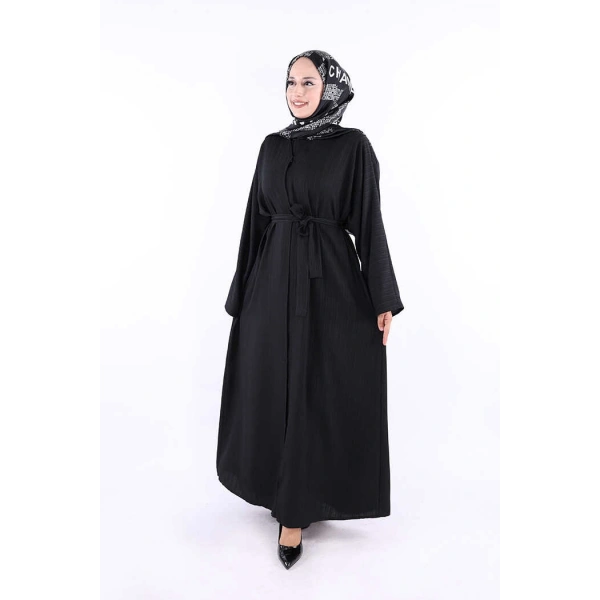 Çıt Çıt Düğmeli Bel Kuşaklı Abaya 70017 Siyah