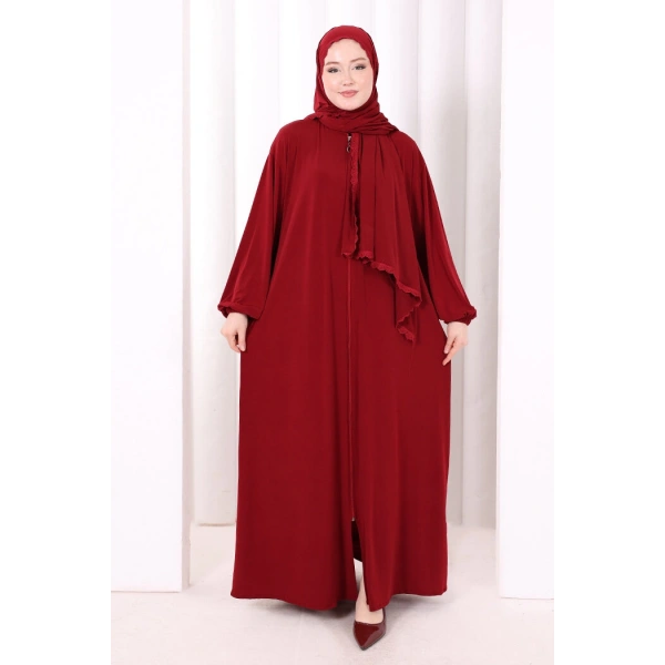 Dantel Detay Şallı Namaz Feracesi 6010 Bordo