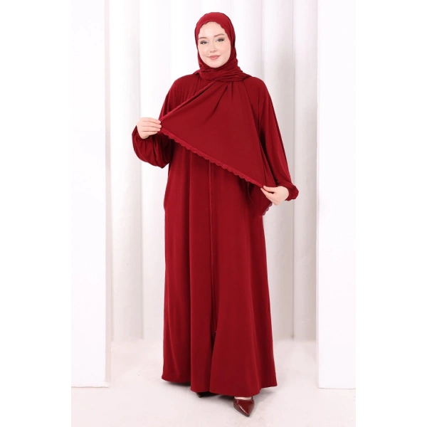 Dantel Detay Şallı Namaz Feracesi 6010 Bordo