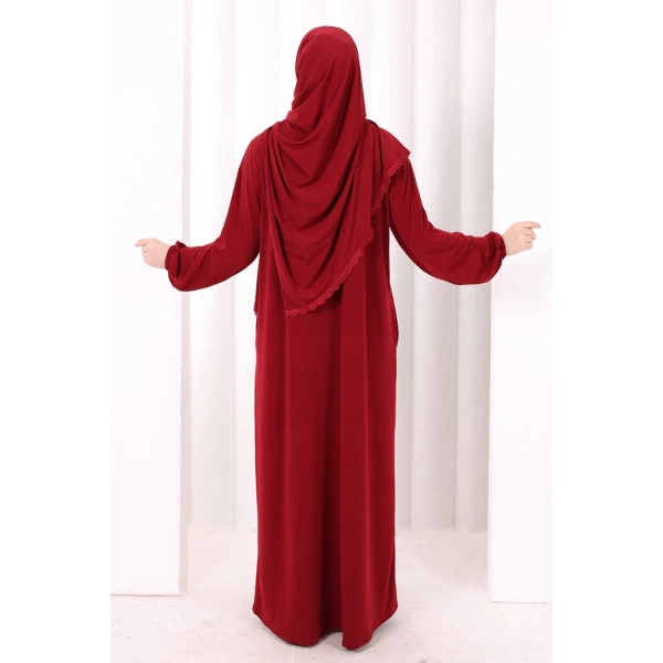 Dantel Detay Şallı Namaz Feracesi 6010 Bordo