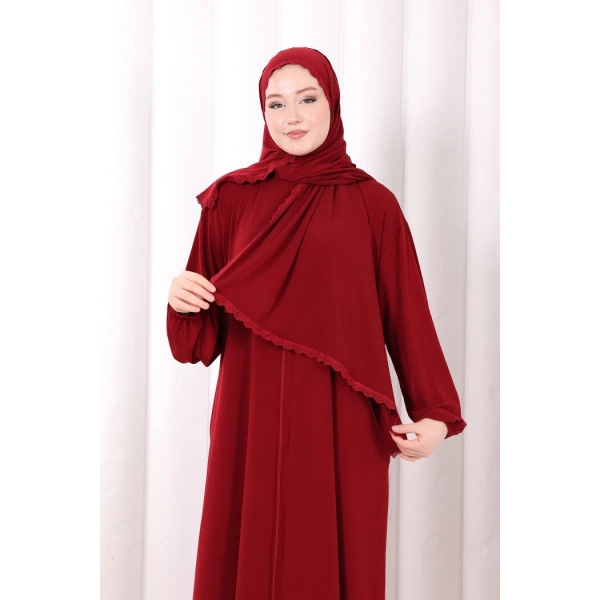Dantel Detay Şallı Namaz Feracesi 6010 Bordo