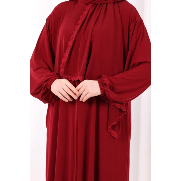 Dantel Detay Şallı Namaz Feracesi 6010 Bordo