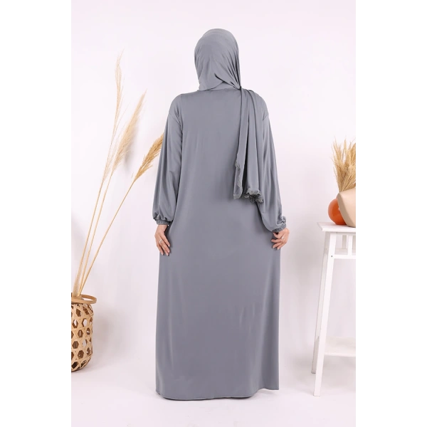 Dantel Detay Şallı Namaz Feracesi 6010 Gri