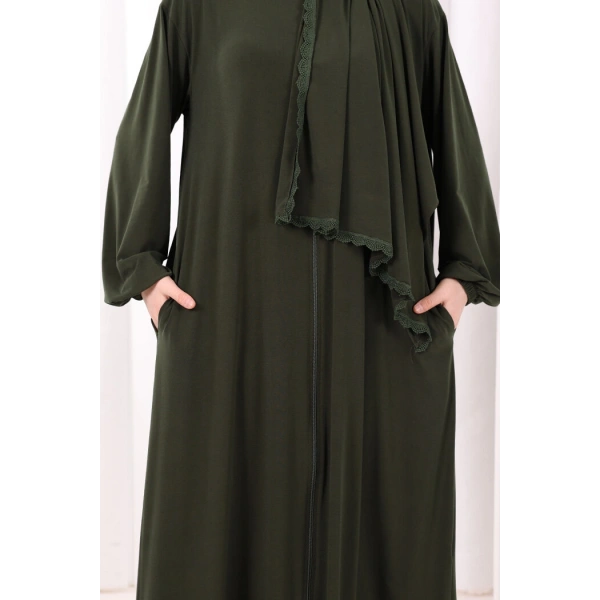 Dantel Detay Şallı Namaz Feracesi 6010 Haki