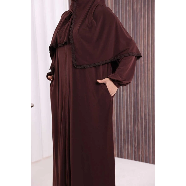 Dantel Detay Şallı Namaz Feracesi 6010 Kahverengi